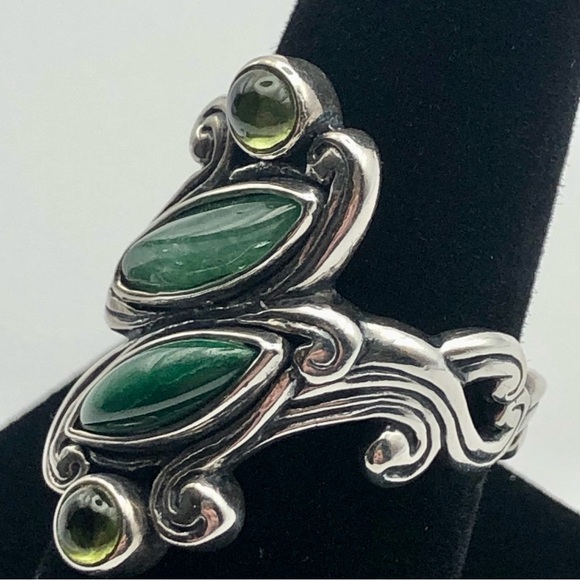 [vintage] Ornate .925 Sterling Silver Peridot, Prehnite & Malachite Ring Size 8 - Picture 12 of 16